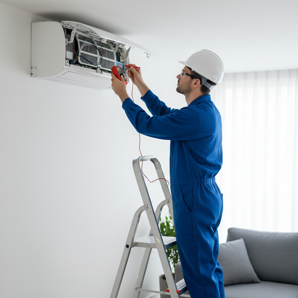 Técnico uniformizado realizando manutenção corretiva em ar condicionado split em Belo Horizonte
