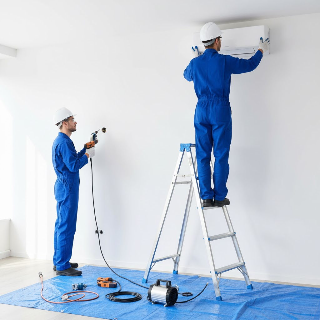 técnicos uniformizados instalando ar condicionado split em ambiente residencial novo em Belo Horizonte.