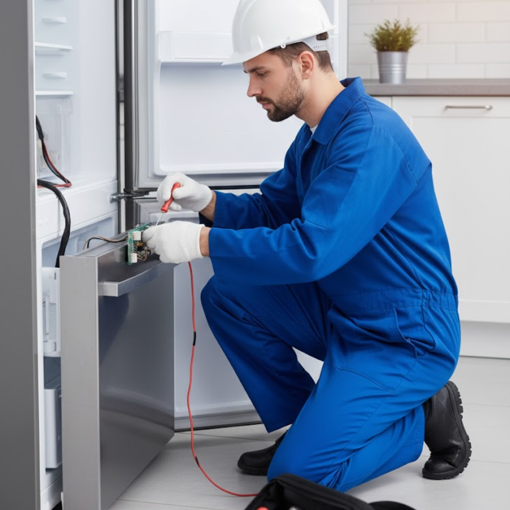 Técnico uniformizado realizando reparo no motor (fundo) de uma geladeira moderna em Belo Horizonte.