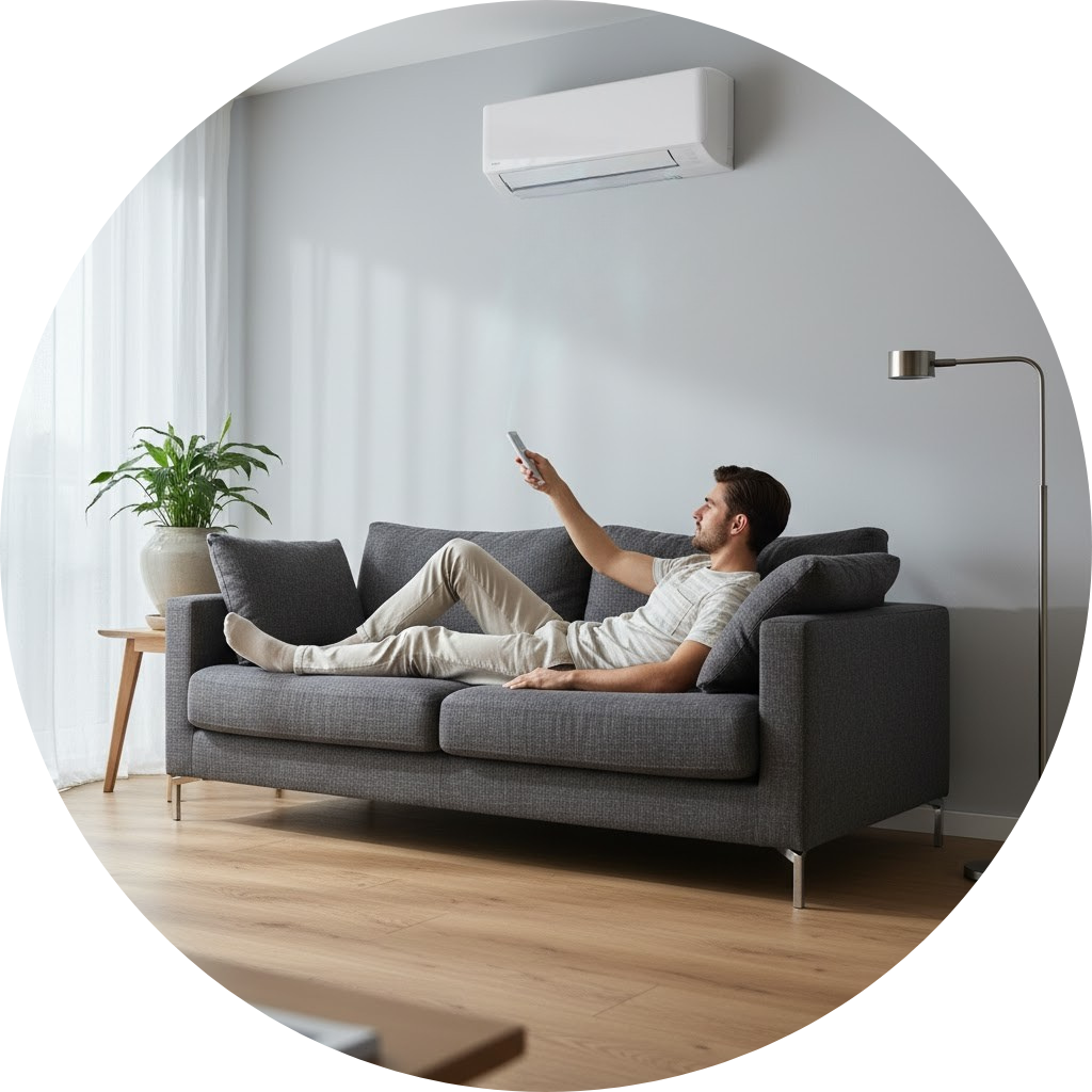 Homem relaxando no sofá enquanto ajusta o ar-condicionado split, em uma sala moderna e climatizada.